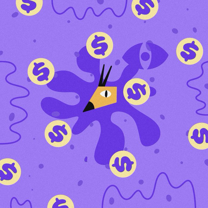 A stylized illustration with a purple background features a geometric creature with antlers and a single eye at the center, surrounded by floating yellow coins bearing the letter "S" and a dollar sign. The image visually represents the "$morphora" airdrop announcement on Ink Chain, with the purple branding and coin motifs tying into the promotion's free token giveaway to the first 555 participants via morphora.xyz.