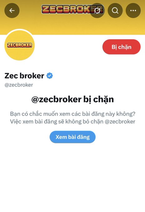 A Twitter/X profile page for 'Zec broker' (@zecbroker) prompting the user to confirm they want to view posts.