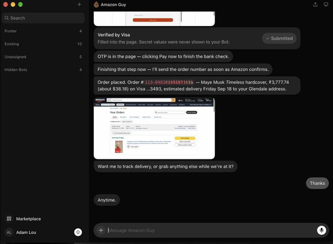 A chat interface with "Amazon Guy" bot shows a completed Amazon order for Maye Musk's book "Timeless" (Order #113-60636983119393), priced at $3,777.74 with delivery estimated by Friday Sep 18, demonstrating Grok Bot successfully shopping on Amazon as described in the post.