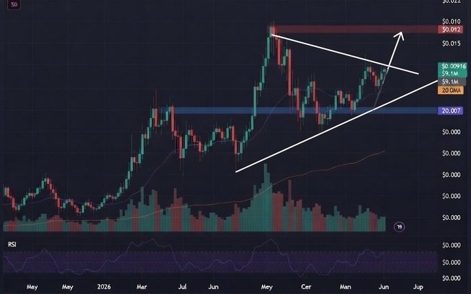 A candlestick chart labeled 'S0' on TradingView showing price action around $0.010-0.012, with an ascending triangle pattern drawn in white and an RSI indicator below.