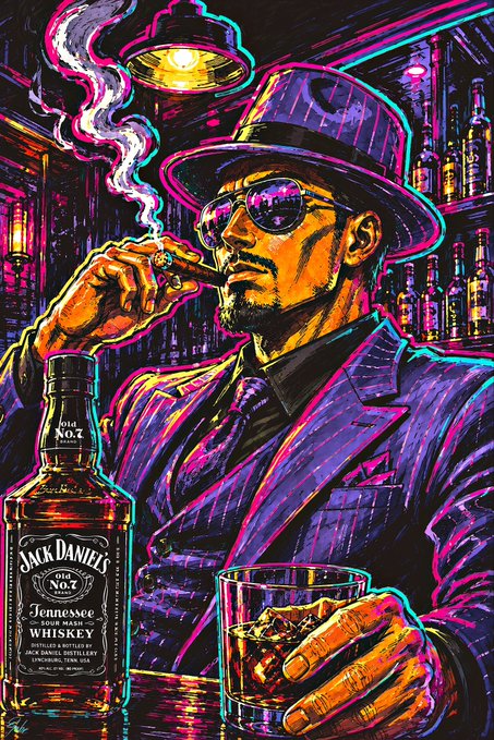 A vibrant neon-style illustration shows a man in a purple pinstripe suit, fedora, and sunglasses smoking a cigar beside a bottle of Jack Daniel's Old No. 7 Tennessee Whiskey and a glass of liquor.