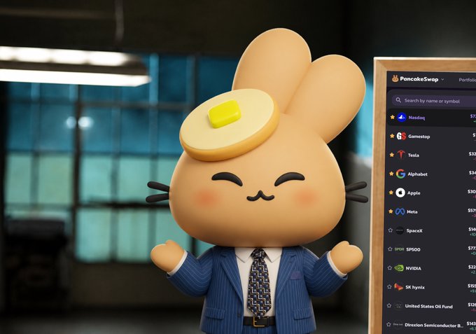 A 3D cartoon bunny character wearing a pancake hat and blue business suit with a patterned tie, displayed next to a portfolio interface on PancakeSwap listing assets like Nasdaq, Tesla, and Apple.