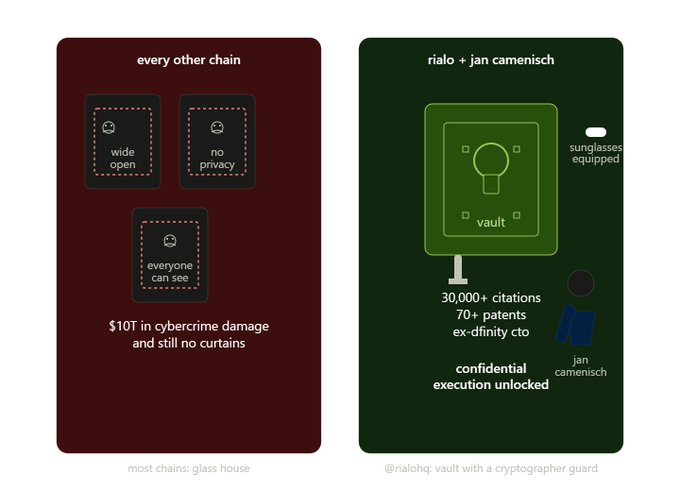 A two-panel comparison graphic: 'every other chain' showing wide open, no privacy, everyone can see with $10T cybercrime damage; and 'rialo + jan camenisch' showing a vault with 30,000+ citations, sunglasses equipped, and confidential execution unlocked.