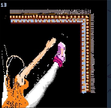 Pixel art from a retro video game showing a character reaching up to spray a brick wall with a pink bottle, with score indicators visible at the top.