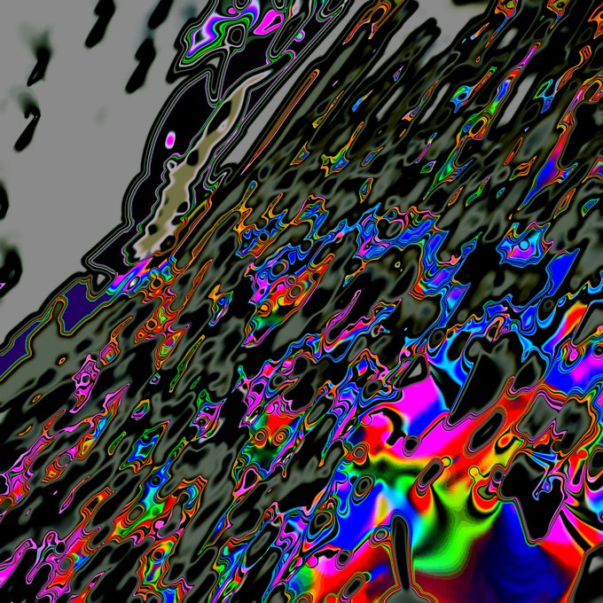 An abstract digital image displays a heavily distorted, glitch-like pattern of swirling vibrant colors including pink, blue, green, orange, and black against a gray background.