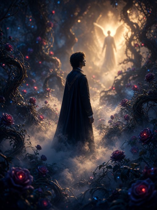 A fantasy digital artwork showing a cloaked figure in a dark enchanted forest facing a glowing winged angelic being, with mist, vines, and pink roses scattered throughout.