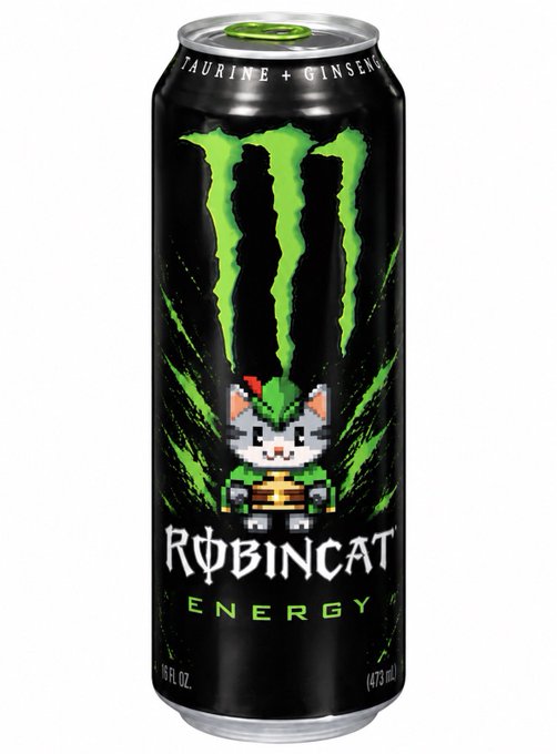 A 16 fl oz (473 mL) black Monster Energy can featuring "TAURINE + GINSENG" at the top, the iconic green claw mark logo, and a pixel-art robin character labeled "RØBINCAT ENERGY"—the image visually pairs the Monster brand aesthetic with the RobinCat meme concept suggested in the post.