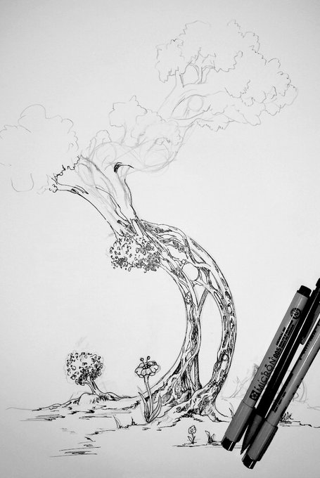 A black ink pen drawing of a bonsai-style tree alongside two Micron Pigma pens, paired with a celebratory post marking 5 years since opening a Tezos wallet and announcing an open edition art drop. The artwork's tree symbolizes growth and longevity, fittingly mirroring the artist's milestone anniversary in the crypto space.