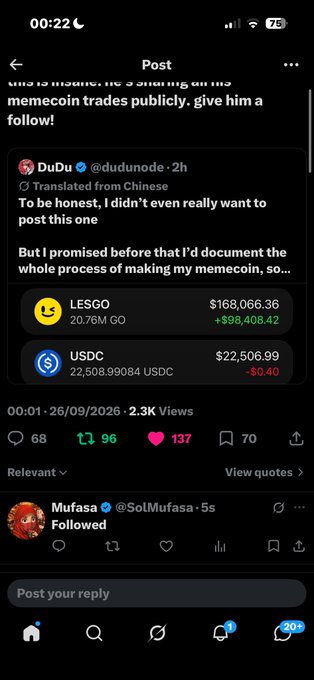A social media post by DuDu (@dudunode) about a memecoin, showing holdings of LESGO ($168,066.36) and USDC ($22,506.99), timestamped 00:01 on 26/09/2026.