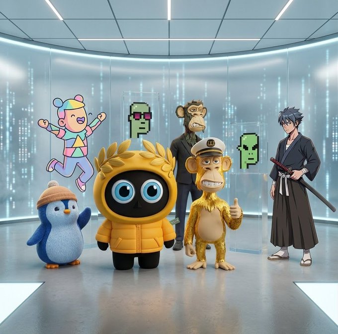 A digital illustration featuring a group of diverse characters and mascots including a penguin in a beanie, a black figure in a yellow hooded coat, two monkeys (one in a suit, one with a sailor hat), a colorful cartoon girl, a samurai with a sword, and floating green pixelated skulls, all standing in a futuristic server room.