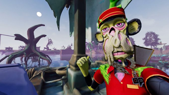 A zombie-like character dressed as a fast-food employee with a red uniform, headset, and name tag stands in a whimsical, swampy landscape, gesturing with a raised hand. The caption "woah @Mikey_Thereum is cookin" suggests the character may be a digital or animated version of the tagged user, blending gamer culture with a quirky, cartoonish aesthetic.