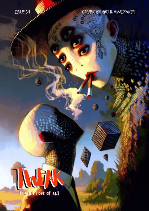 Cover art for 'TWEAK' magazine Issue 64, featuring surrealist digital artwork with text 'ISSUE 64' and 'COVER RY @CHUMWITZARDS'.