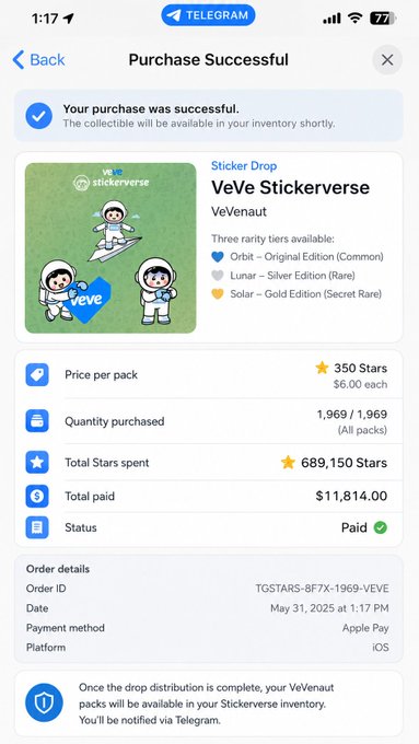 The image shows a screen with a chat bubble displaying the message "Your purchase was successful". The text within the bubble talks about buying a popular video game, VeVe Stickerverse, for nine stars. The image also includes an illustration of three children playing the game in various positions and outfits, possibly representing different characters from the game.