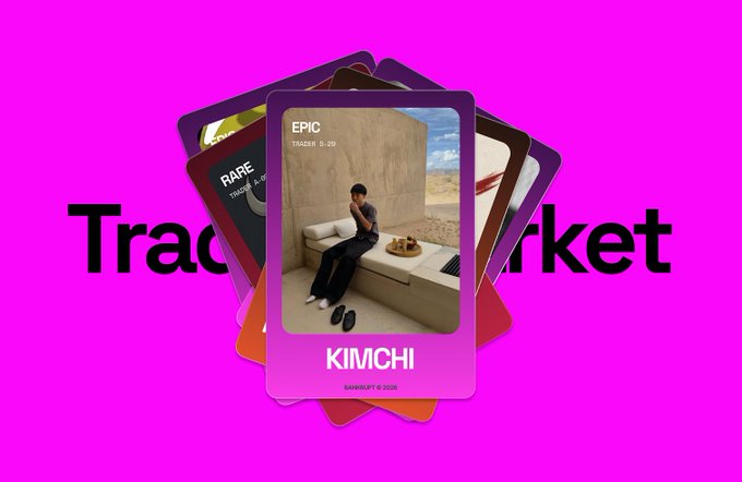 A vibrant pink promotional graphic showcases fanned-out trading cards from "Traders Market," with the prominently displayed "KIMCHI" EPIC card (Trader #20) showing a person seated on a desert couch, along with partially visible RARE cards. The bold "Traders Market" text frames the card stack, fitting the post's teaser about the upcoming fantasy top for traders featuring various market cap tiers like the "Bankrupt" category.