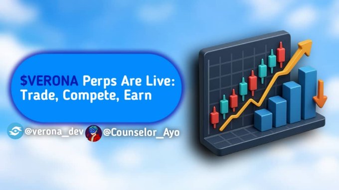 A promotional graphic announces "$VERONA Perps Are Live: Trade, Compete, Earn" with handles @verona_dev and @Counselor_Ayo, accompanied by a 3D illustration of a trading chart showing candlesticks, an upward arrow, and blue bars symbolizing market growth. The image visually reinforces the post's announcement of VERONAUSDT perpetual contracts launching on the Aster exchange by depicting trading activity and upward momentum.