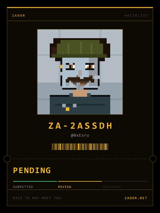 A pixel art character card from ZADDR featuring a mustached zombie-like figure in a helmet, labeled 'ZA-2ASSDH' with a 'PENDING' status.