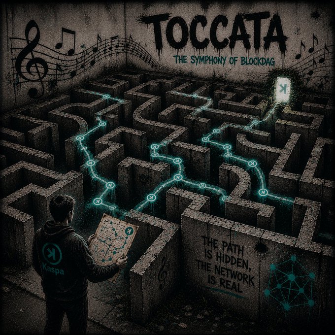 The image features a man standing in front of a maze, holding a map or guidebook as he navigates through the complex network of paths. The maze itself appears to be made of concrete blocks with blue lines connecting them, creating an intricate web-like pattern that seems impossible to navigate without some form of guidance. 

The post about the maze is titled "Toccata: The Symphony of Blockag" and includes a quote from a person named Kaspa. This quote suggests that the maze represents a complex network or system, and the man holding the map symbolizes the process of understanding and navigating through this intricate web.