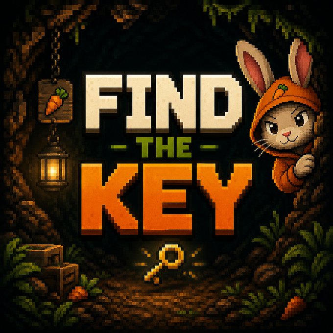 Pixel art game logo reading 'FIND THE KEY' featuring a rabbit character in an orange hood on the right side, with a lantern and treasure chest in a cave-like setting.