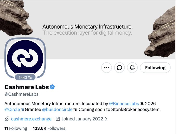 A Twitter/X profile page displays 'Cashmere Labs' (@CashmereLabs) with the tagline 'Autonomous Monetary Infrastructure. The execution layer for digital money,' showing 123.6K followers and noting it was incubated by Binance Labs.