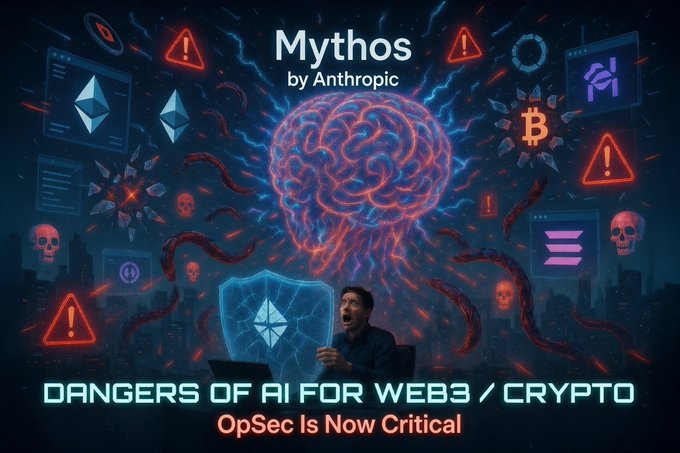 The image features a man sitting at his computer, with a large brain displayed above him. The background of the image is filled with various symbols related to cryptocurrency, such as Bitcoin and Ethereum. The caption below the image reads "With Mythos release, your crypto might be at risk. Some security apps worth using: @PocketUniverseZ - detects scam sites and simulates TXs before signing @Rugcheckxyz - Anti-rug tool for Solana tokens @GoPlusSecurity". This suggests that there is a connection between the man's computer usage and potential risks associated with cryptocurrency, such as online threats or security vulnerabilities.