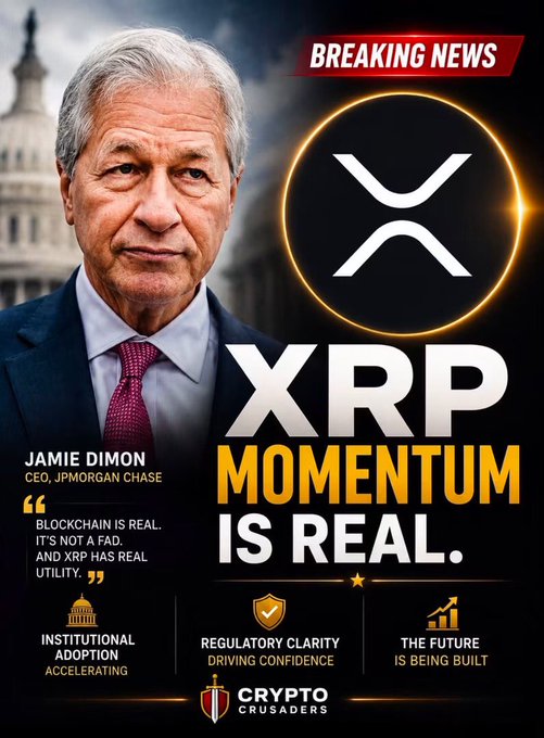 A 'BREAKING NEWS' style promotional image featuring a portrait of Jamie Dimon, CEO of JPMorgan Chase, alongside the XRP logo and text declaring 'XRP MOMENTUM IS REAL' with a quote: 'Blockchain is real. It's not a fad. And XRP has real utility.'