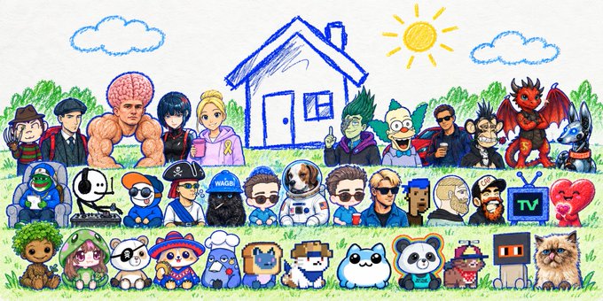 A colorful pixel art illustration featuring a large group of various internet meme characters, gaming avatars, and celebrities arranged in front of a blue drawn house with clouds and a sun in the sky.
