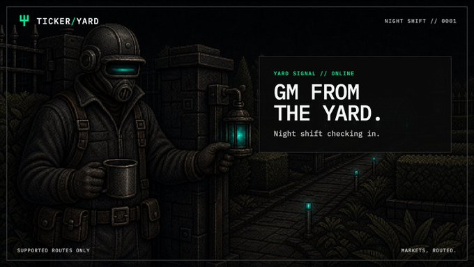 A pixel-art style illustration depicts a hazmat-suited "yardkeeper" holding a lantern with a glowing cyan flame and a mug, set against a dark garden backdrop with the header "TICKER/YARD" and the text "GM FROM THE YARD. Night shift checking in." The post highlights this as the next alpha from @TickerYardHQ, promoting a 3,333 NFT collection called "Yardkeepers" with an ERC-6551 token-bound account and an initial $200K market cap tied to the $YARD token.
