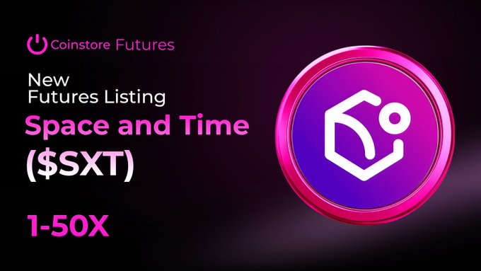 Coinstore Futures is listing Space and Time ($SXT) with trading leverage of 1-50X, as shown by the text and graphic of the $SXT logo.