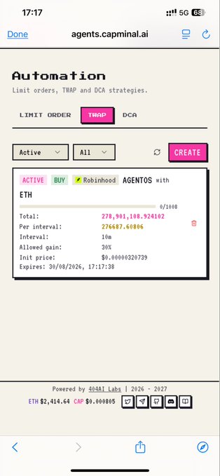 A screenshot of a cryptocurrency trading automation interface on agents.capminal.ai showing an active TWAP buy order for ETH on Robinhood.