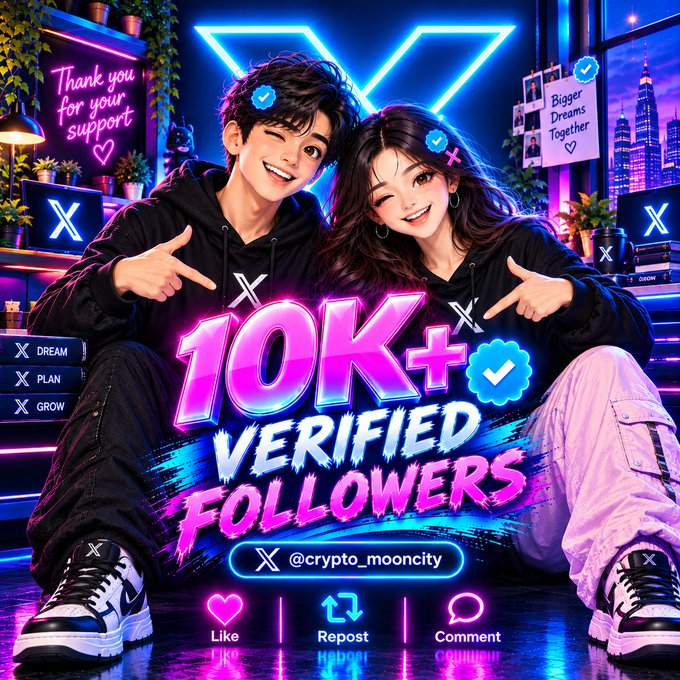 A vibrant promotional graphic celebrates reaching "10K+ Verified Followers" for @crypto_mooncity, featuring two cheerful individuals in black hoodies pointing at the milestone text amid neon lighting and X/Twitter branding. The image directly reinforces the post's call-to-action, encouraging viewers to comment "10K" to join the community and achieve a similar verified follower milestone.