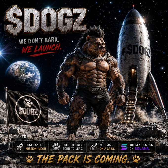A crypto marketing graphic for "$DOGZ" featuring a muscular anthropomorphic pitbull character standing on a lunar surface next to a rocket labeled "$DOGZ" and a flag, with text reading "WE DON'T BARK. WE LAUNCH." and "THE PACK IS COMING." highlighting features like "JUST LANDED," "BUILT DIFFERENT," and "ON SOLANA."