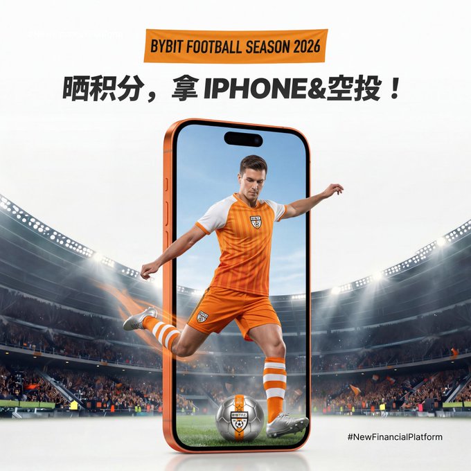 This image is a promotional graphic for the **Bybit Football Season 2026** campaign, featuring a smartphone displaying a soccer player in an orange uniform kicking a ball, with the headline "晒积分，拿 IPHONE&空投！" (Share your points, get iPhone & airdrop!) and the hashtag #NewFinancialPlatform, encouraging users to share their Football Season Points screenshots on social media.