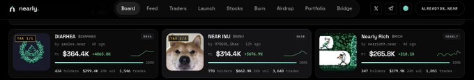 A nearly.trade screenshot showing crypto launch tokens including DIARHEA (PEPE LFG, $364.4K), NEAR (NEAR, $314.4K), and Nearly Rich ($265.8K) with price charts on a dark background.