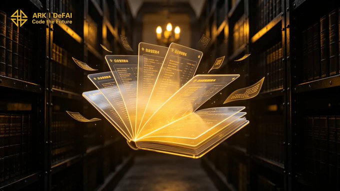The image features an open book that has been transformed into a glowing, floating object. The book appears to be floating above a row of bookshelves filled with various books. The background of the image is dark, which contrasts with the bright, glowing book in the foreground. The text "ARKI AI App turns knowledge into action." and "With AI Agents, users can read faster, understand clearer, and use Web3 in a more practical way" are visible on the image.
