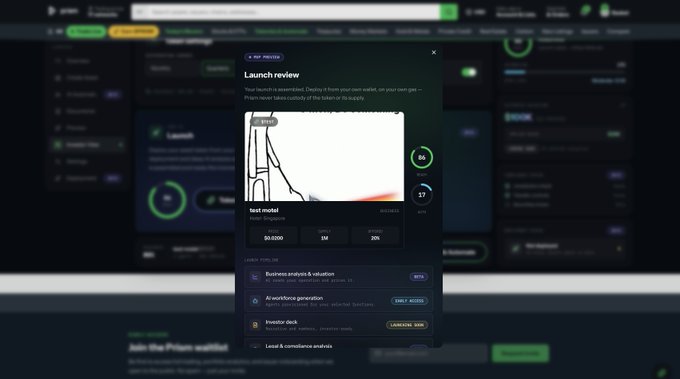 A pop-up window on a dark-themed dashboard interface displays a "Launch review" notification for a token called "test.mytok" (ID: 55:2200), with 1M supply and 20% allocation, indicating a preview of an upcoming token launch on the Prism platform. The interface shows tabs for "PRISM" and "PRISM10," suggesting the launch is undergoing final testing before going live on the tokenization launchpad.