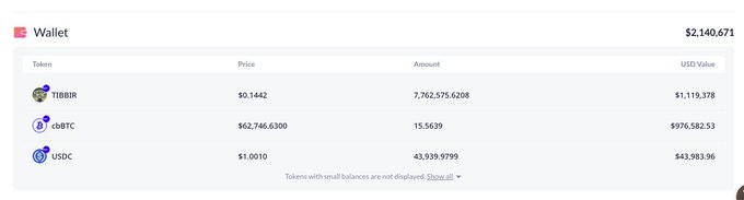 A digital wallet display showing a total balance of $2,140,671, with holdings in TIBBIR ($1,119,378), c0BTC ($976,582.53), and USDC ($43,983.96).