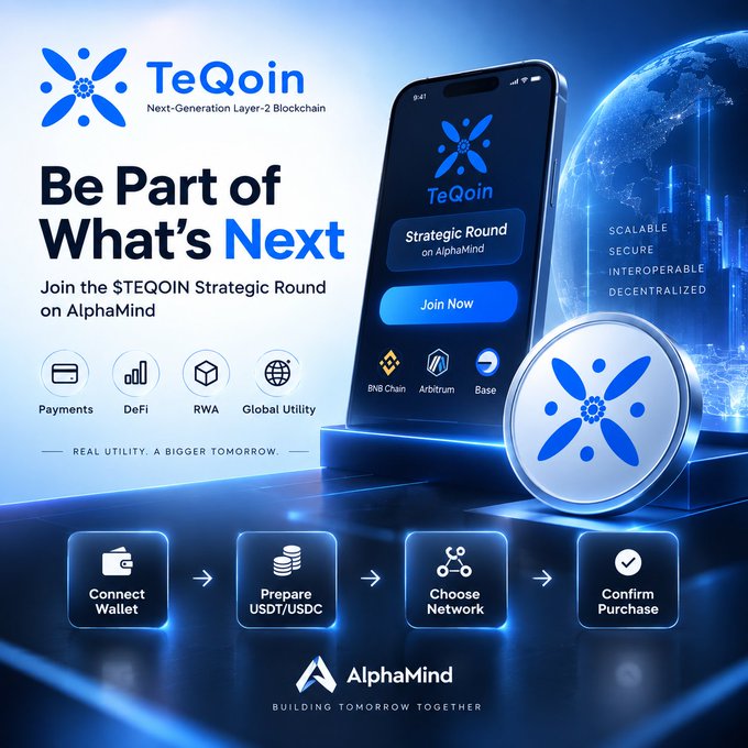 TeQoin promotional advertisement for a 'Strategic Round on AlphaMind' describing it as a next-generation Layer-2 blockchain, highlighting payments, DeFi, RWA, and global utility.