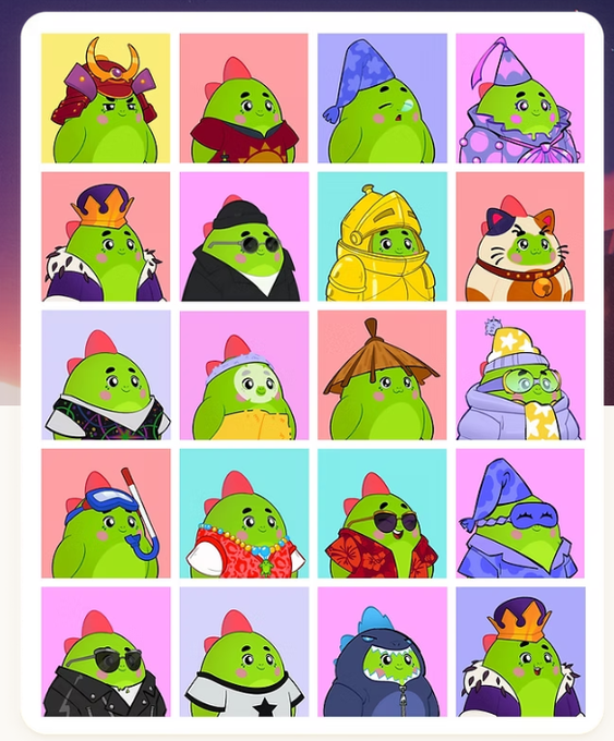 A colorful grid of cartoon green blob characters dressed in various costumes including samurai, wizard, knight, cat, and more.