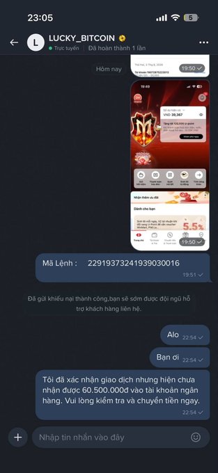 A Vietnamese Telegram chat with 'LUCKY_BITCOIN' shows promotional screenshots of a crypto exchange app, a transaction command code '22919373241939030016', and a user message confirming receipt of 60,500,000đ to their bank account.