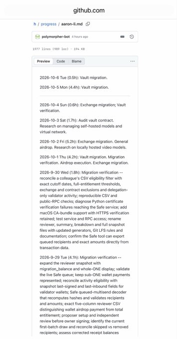 A GitHub repository page for polymer-bot showing recent commit history with timestamps detailing various migration tasks including Vault, Audit contract, Airdrop execution, and Migration verification.