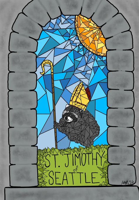 A colorful stained glass-style artwork depicting a black bishop figure with a mitre and staff, titled 'ST. JIMOTHY of SEATTLE' in the bottom border.
