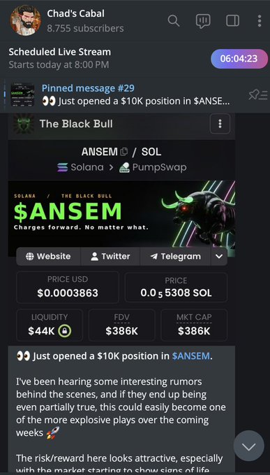 A screenshot of Chad’s Cabal YouTube community post promoting a newly opened $10K position in $ANSEM. The token panel shows ANSEM/SOL at $0.0003863, with $44K liquidity, $386K FDV and market cap, alongside the message: “I’ve been hearing some interesting rumors behind the scenes…”