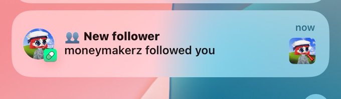 A notification banner reading 'New follower' from 'moneymakerz followed you' with a cartoon character profile picture.