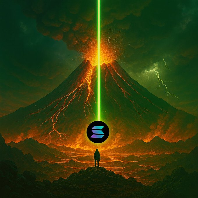 A digital artwork depicting a silhouetted figure standing on rocky terrain facing an erupting volcano with a bright green laser beam shooting vertically from a Solana logo in the center.