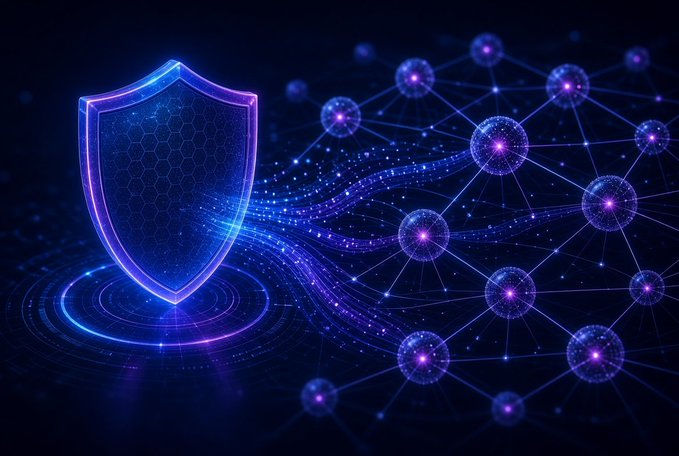 A digital artwork featuring a glowing blue and purple shield with a hexagonal pattern, connected to a network of luminous spheres via flowing energy lines, symbolizing cybersecurity.
