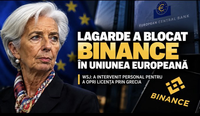A news graphic featuring ECB President Christine Lagarde with Romanian text reading 'LAGARDE A BLOCAT BINANCE ÎN UNIUNEA EUROPEANĂ' regarding Binance being blocked in the EU.