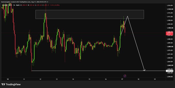 A TradingView chart of XAUUSD (gold) on a 1-hour timeframe dated August 17, 2025, shows price action with a white arrow indicating a projected sharp downward movement from around 1,900 toward the 1,856 level.