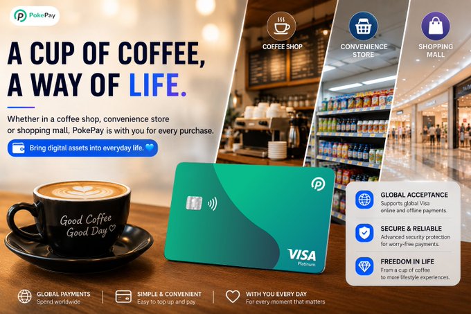 An advertisement for PokePay showing a Visa Platinum card with the tagline 'A Cup of Coffee, A Way of Life,' highlighting features like Global Acceptance, Secure & Reliable, and Freedom in Life for use at coffee shops, convenience stores, and shopping malls.