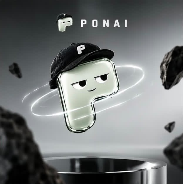 A 3D rendered character logo for 'PONAI' featuring a white blob-like figure wearing a black cap with the letter 'P', floating above a metallic cylinder with asteroid-like rocks in the background.