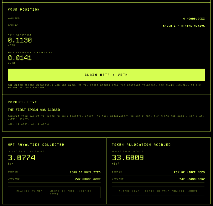 A dark green interface showing 'YOUR POSITION' on vault 'HOODBLOCKZ' during 'EPOCH 1', displaying MSTR and WETH claimable balances and NFT royalties of 3.0774 ETH.